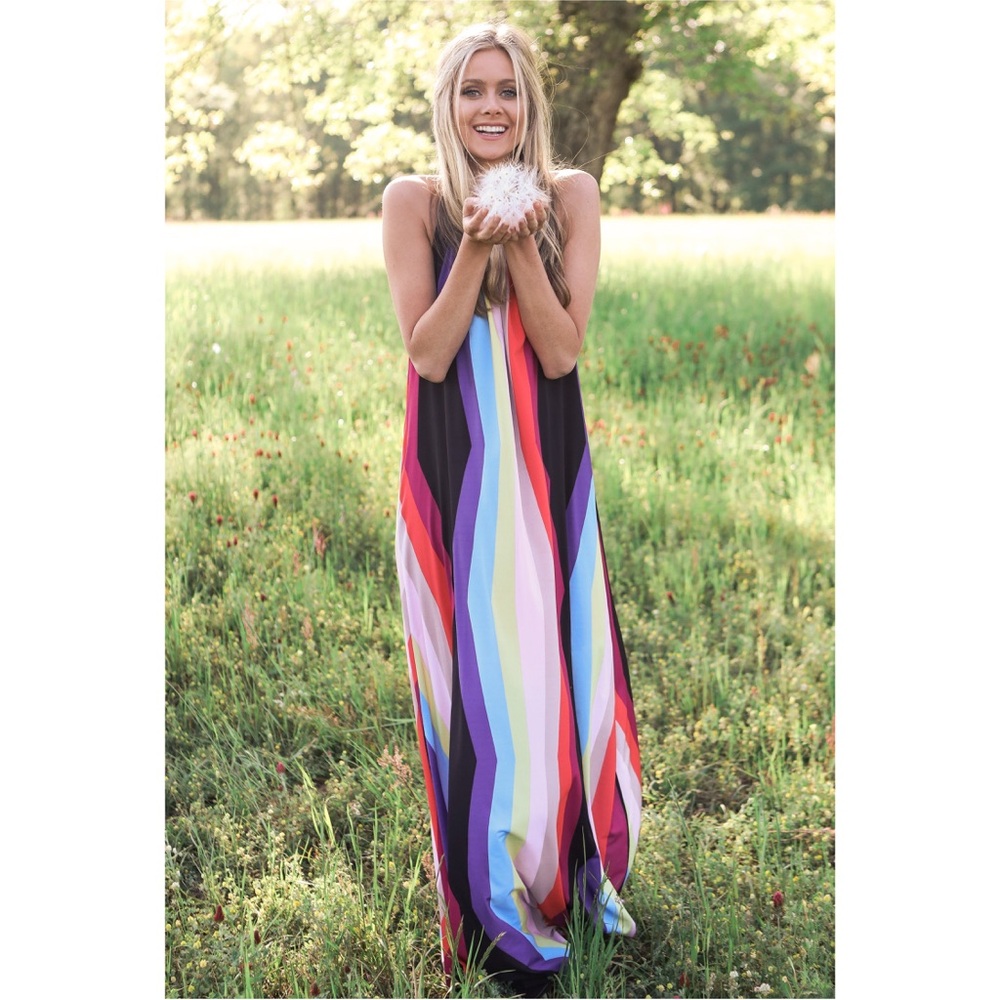 Judith March Rainbow Stripe Maxi Halter Dress Large Backless Resortwear Flowy